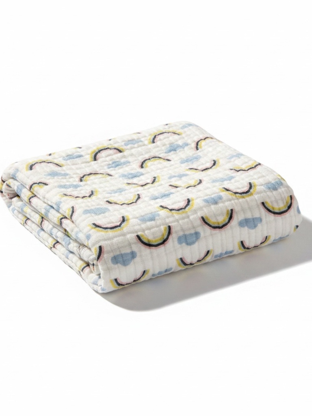Bebe au Lait White Muslin Baby Blanket with Pastel Rainbow & Cloud Print